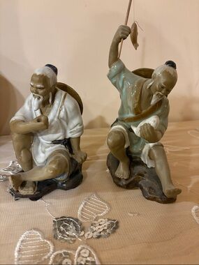 Vintage Chinese Shiwan Hand-Painted Ceramic Fishermen Figurines